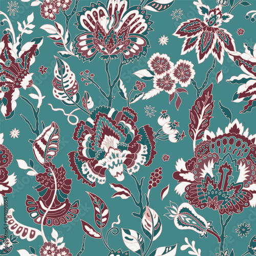 Teal Burgundy Folk Floral Pattern