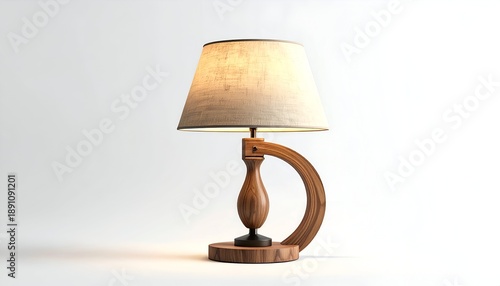 A wooden table lamp with a beige lampshade against a white backdrop