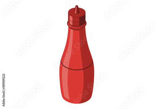 A red sauce bottle stands alone on a plain surface viewed from the front