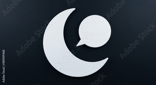 White crescent moon symbol with speech bubble on dark background representing night conversation and messaging
