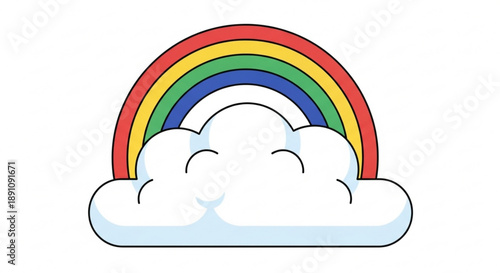 Colorful rainbow emerging from fluffy white cloud on bright background