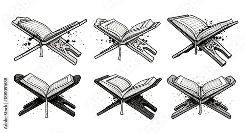 Collection of open books on stands displayed in various orientations and styles