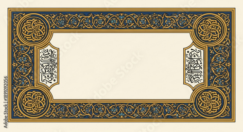 Intricate islamic golden frame with arabic calligraphy border on cream background for certificate or invitation