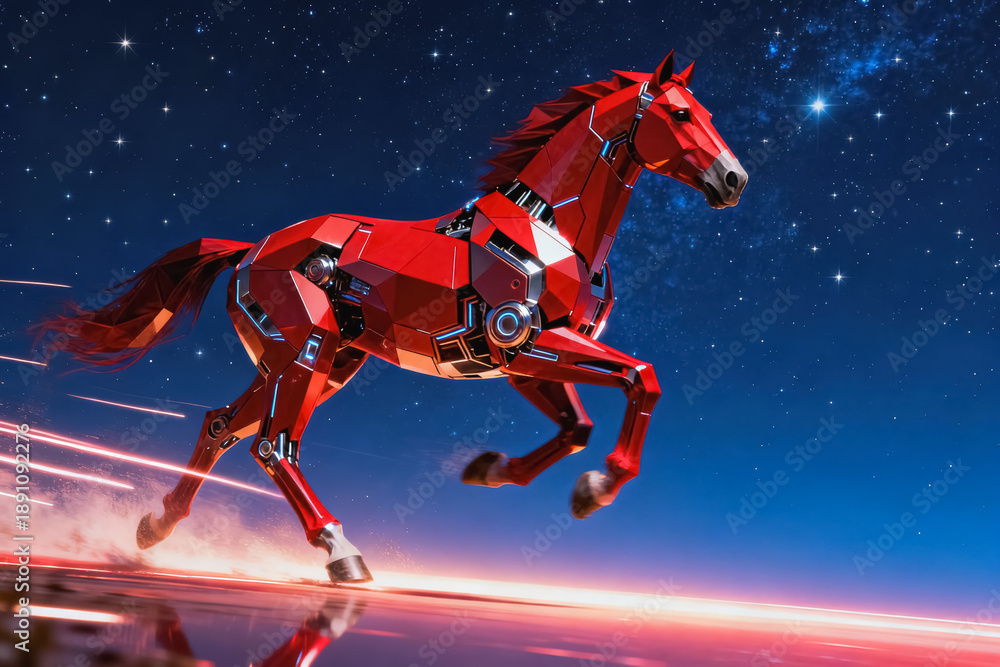 Naklejka premium Red Mechanical Horse Running in Space