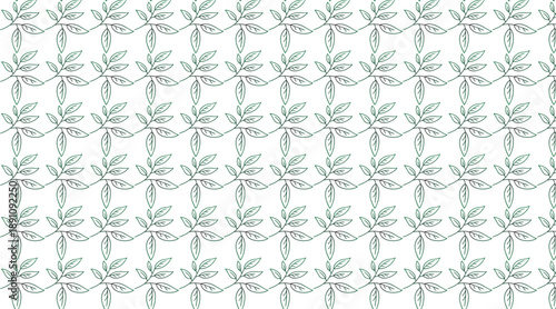 Delicate and elegant botanical seamless pattern featuring a repetition of stylized light green leaves on a pristine white background, perfect for creating tranquil and organic designs
