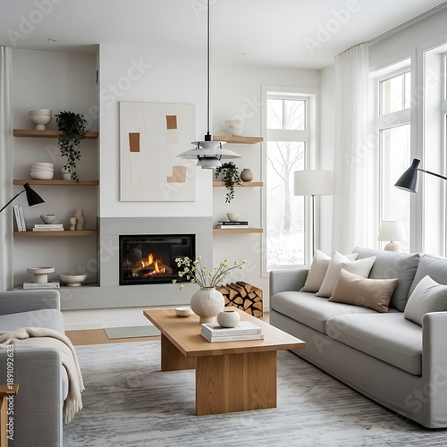 Modern Living Room with Fireplace and Natural Light.