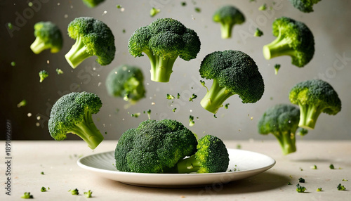 Broccoli on the plate, and broccoli falling around the table. Great shot for cooking recepies.