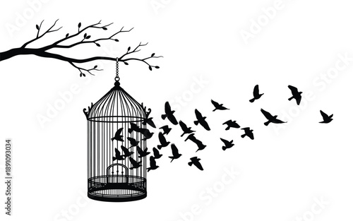 Birds escaping from an open birdcage hanging on a leafless tree branch