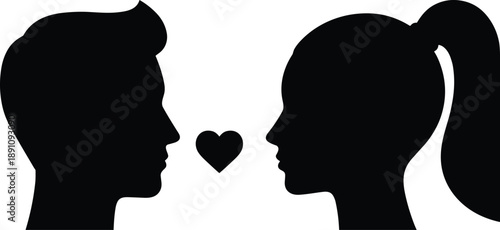 Romantic couple profile silhouette illustration with heart symbol expressing love connection relationship valentine flat vector design minimal modern simple elegant