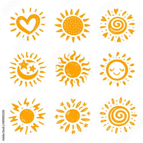 Hand drawn orange sun doodle set with hearts, spiral rays, smiling face and moon with stars. Boho summer vector clipart for kids designs, weather icons, posters and social posts.