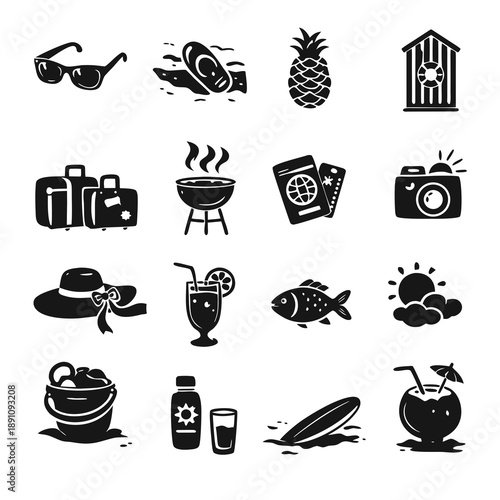 Summer holiday icon set with sunglasses, pineapple, luggage, camera, passport, surfboard, cocktails, fish and sunny weather. Concept for tropical travel, beach lifestyle and relaxation.