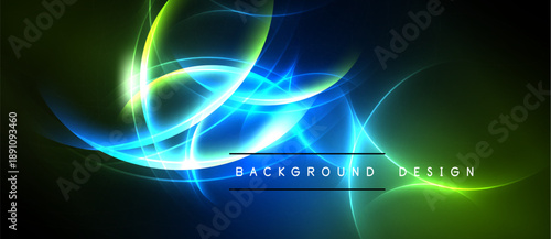 Bright abstract lines form dynamic composition. Vivid blues, greens create energetic visual effect. Background design suggests modern aesthetic.