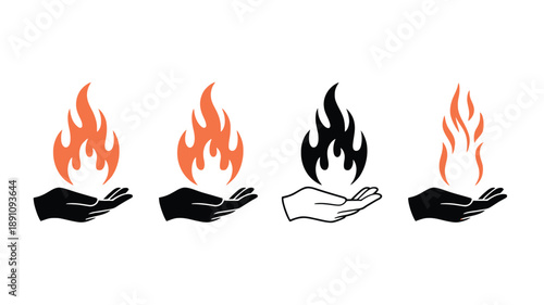 Four stylized icons of hands holding flames in different styles and colors