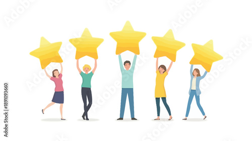 Five people holding up golden stars, symbolizing a five-star rating or achievement