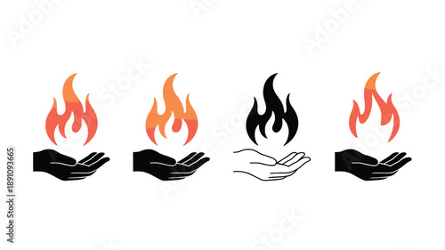 Four Icons of Hands Holding Flames: Color and Silhouette Variations