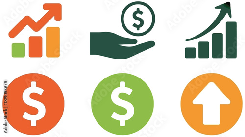 Financial Growth and Investment Icons: Bar Charts, Dollar Signs, and Upward Arrows