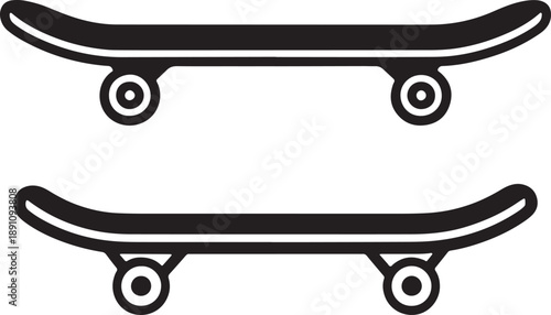 Black Skateboard Icons, Simple Board and Curved Deck with Trucks and Wheels