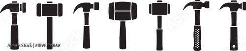 Hammer Silhouette Icons – Claw, Sledge, Mallet, Black Vector Tools