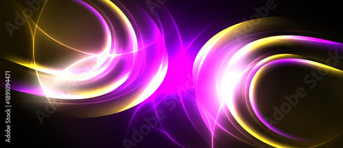 Abstract luminous curves, vibrant purple, gold hues. Dynamic energy radiates from central bright point. Modern design, sleek presentation.