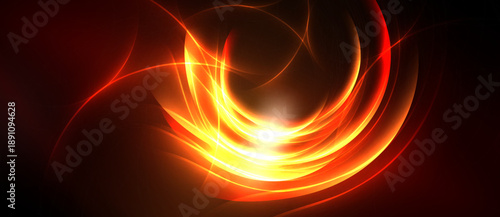 Bright orange, red energy swirls radiate from central point. Dark background emphasizes glowing curves, creating dynamic visual effect.
