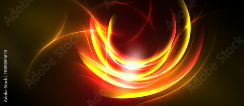 Bright abstract design features swirling lines, vibrant reds, oranges, yellows against dark background. Energetic, dynamic composition.