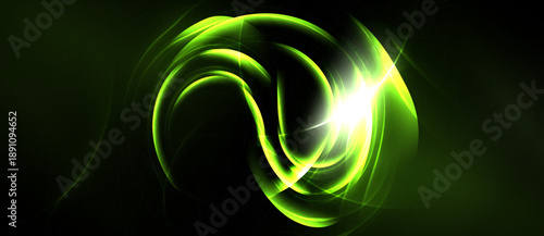 Bright green energy swirls, luminous lines create abstract form. Dark background emphasizes glowing center, dynamic visual effect.