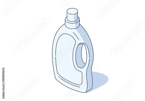 Illustration of a plastic detergent bottle with a cap on a plain surface from a slightly elevated viewpoint