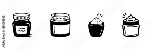 Jars And Cream Containers In Hand Drawn Style Set. Skincare, Beauty Products, Cosmetic Packaging Doodle Sketch Collection. Personal Care Essentials. Isolated Vector Illustration