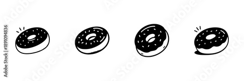 Donut Icons In Hand Drawn Style Set. Sweet Treats, Bakery, Dessert Doodle Sketch Collection. Tasty Snack Illustration. Isolated Vector Illustration