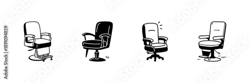 Barber Chair Variations In Hand Drawn Style Set. Salon Equipment, Hairdressing Furniture, Professional Styling Doodle Sketch Collection. Vintage Barber Shop Chairs. Isolated Vector Illustration