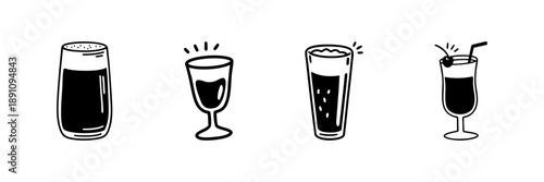 Assorted Beverage Glasses In Hand Drawn Style Set. Drink Variety, Cocktail, Wine, Beer, And Juice Doodle Sketch Collection. Refreshment And Celebration. Isolated Vector Illustration