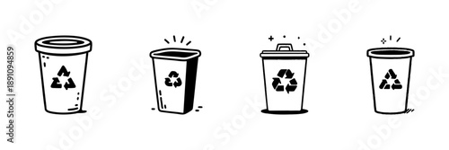 Recycling Bins With Symbols In Hand Drawn Style Set. Waste Management, Environmental Conservation, Eco-Friendly Practices Doodle Sketch Collection. Sustainability. Isolated Vector Illustration