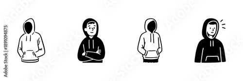 Hoodie Wearing Characters In Hand Drawn Style Set. Casual Fashion, Youth Culture, Streetwear Doodle Sketch Collection. Modern Apparel Illustration. Isolated Vector Illustration