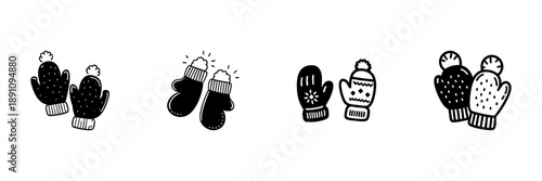 Winter Mittens In Hand Drawn Style Set. Cozy Warmth, Seasonal Fashion, Cold Weather Accessories Doodle Sketch Collection. Knitted Patterns And Designs. Isolated Vector Illustration