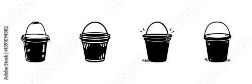 Buckets In Hand Drawn Style Set. Versatile Utility, Cleaning, Gardening, And Storage Doodle Sketch Collection. Household And Outdoor Use. Isolated Vector Illustration