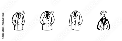 Coat Evolution And Style Transformation In Hand Drawn Style Set. Fashion Development, Outerwear Design, Personal Style Doodle Sketch Collection. Clothing Illustration. Isolated Vector Illustration