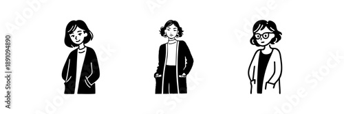 Three Female Characters In Hand Drawn Style Set. Casual Fashion, Diverse Personalities, Modern Women Doodle Sketch Collection. Stylish Outfits, Individuality. Isolated Vector Illustration