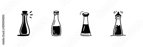 Bottles Of Condiments In Hand Drawn Style Set. Culinary Seasoning, Sauce Containers, Kitchen Essentials Doodle Sketch Collection. Cooking Ingredients Illustration. Isolated Vector Illustration