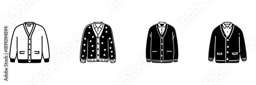 Cardigan Sweater Collection In Hand Drawn Style Set. Fashionable Knitwear, Casual And Formal Style Doodle Sketch Collection. Clothing Variety, Polka Dot Pattern. Isolated Vector Illustration