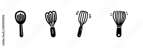 Whisk And Spoon Icons In Hand Drawn Style Set. Kitchen Utensils For Cooking And Baking Doodle Sketch Collection. Culinary Tools Illustration. Isolated Vector Illustration