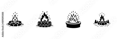 Campfire Icons In Hand Drawn Style Set. Outdoor Adventure, Camping, And Wilderness Exploration Doodle Sketch Collection. Rustic And Cozy Campfire Designs. Isolated Vector Illustration