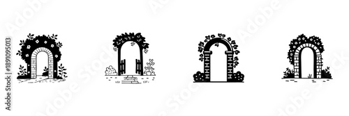 Garden Archways With Floral Designs In Hand Drawn Style Set. Nature, Serenity, And Outdoor Decor Doodle Sketch Collection. Rustic Charm And Landscaping Elements. Isolated Vector Illustration