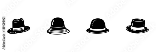 Four Classic Hat Styles In Hand Drawn Style Set. Fashion Accessories, Vintage Headwear, Retro Style Doodle Sketch Collection. Isolated Vector Illustration