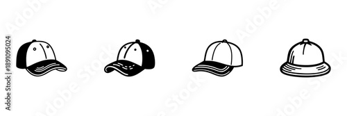 Baseball Cap Icon Set In Hand Drawn Style. Casual Fashion, Sportswear, Headwear Doodle Sketch Collection. Stylish Accessories Illustration. Isolated Vector Illustration