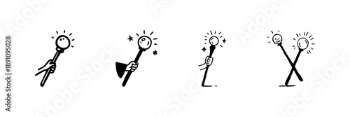 Magic Wand Icons In Hand Drawn Style Set. Creativity, Imagination, And Enchantment Doodle Sketch Collection. Wizardry And Fantasy Elements. Isolated Vector Illustration