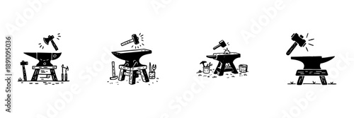 Blacksmith Anvil And Hammer In Hand Drawn Style Set. Traditional Metalworking, Craftsmanship, Forging Tools Doodle Sketch Collection. Artisan Crafting Process. Isolated Vector Illustration