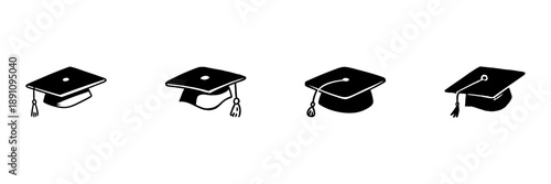 Graduation Cap Icons In Hand Drawn Style Set. Academic Achievement, Education Milestone, Scholarly Success Doodle Sketch Collection. Isolated Vector Illustration