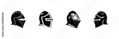 Medieval Knight Helmets In Hand Drawn Style Set. Historical Armor, Chivalry, And Warfare Doodle Sketch Collection. Vintage Battle Gear. Isolated Vector Illustration