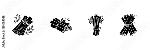 Cinnamon Stick Bundles In Hand Drawn Style Set. Aromatic Spice, Culinary Ingredient, Flavoring Doodle Sketch Collection. Natural Herb Illustration. Isolated Vector Illustration