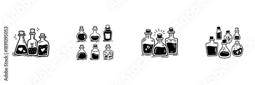 Potion Bottles Collection In Hand Drawn Style Set. Magical Elixirs, Alchemy Ingredients, Witchcraft Doodle Sketch Collection. Fantasy And Magic Theme. Isolated Vector Illustration